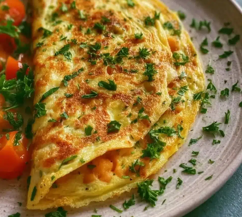 Vegan chickpea omelette with colorful vegetables on a plate