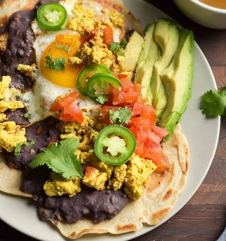 Plate of Vegan Ranch-Style Eggs garnished with fresh herbs and vegetables
