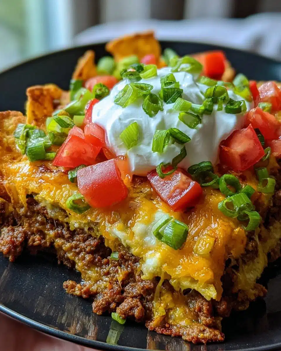 Walking Taco Casserole served in a bowl with toppings.