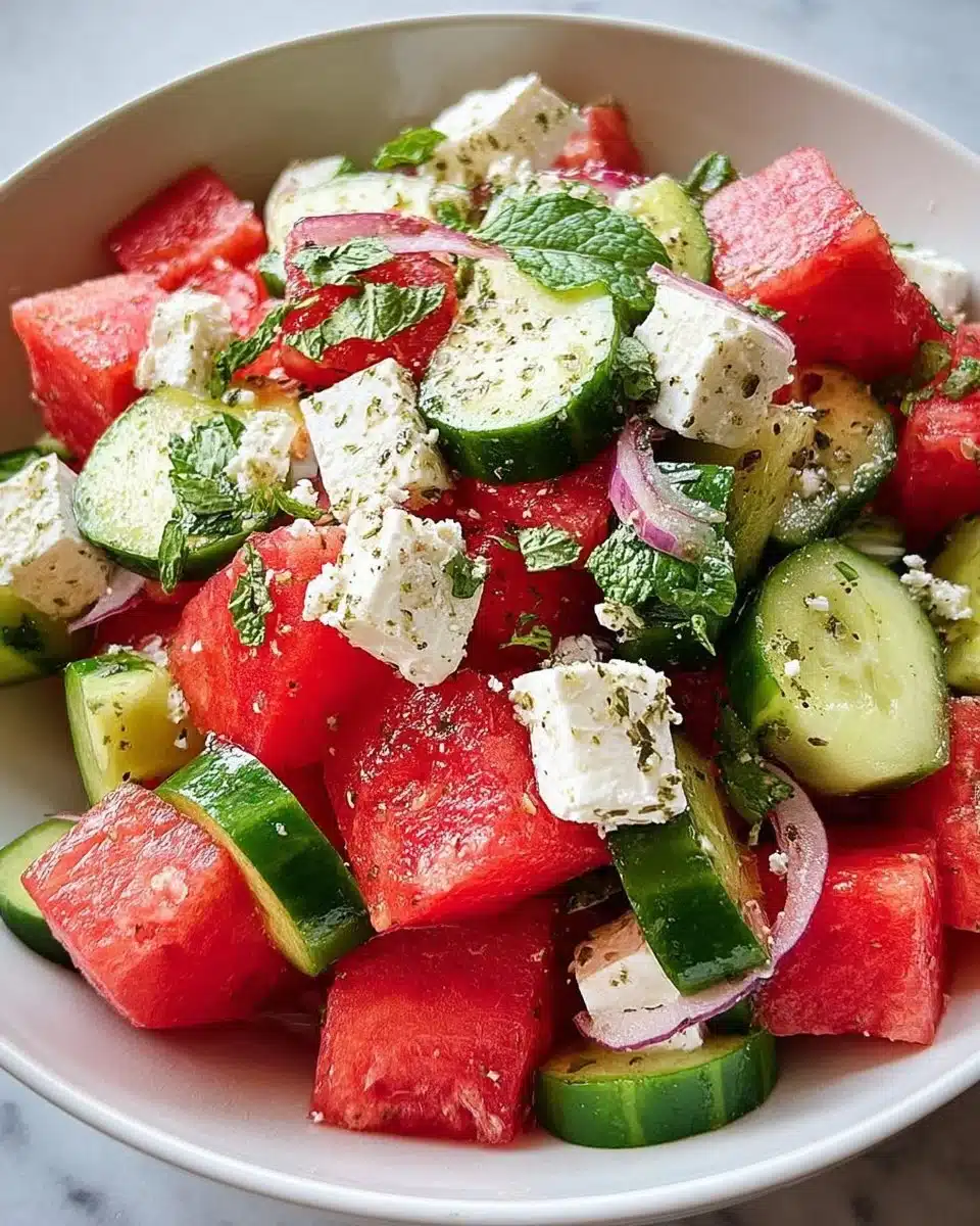 Watermelon Cucumber Feta Salad garnished with mint and a light dressing.