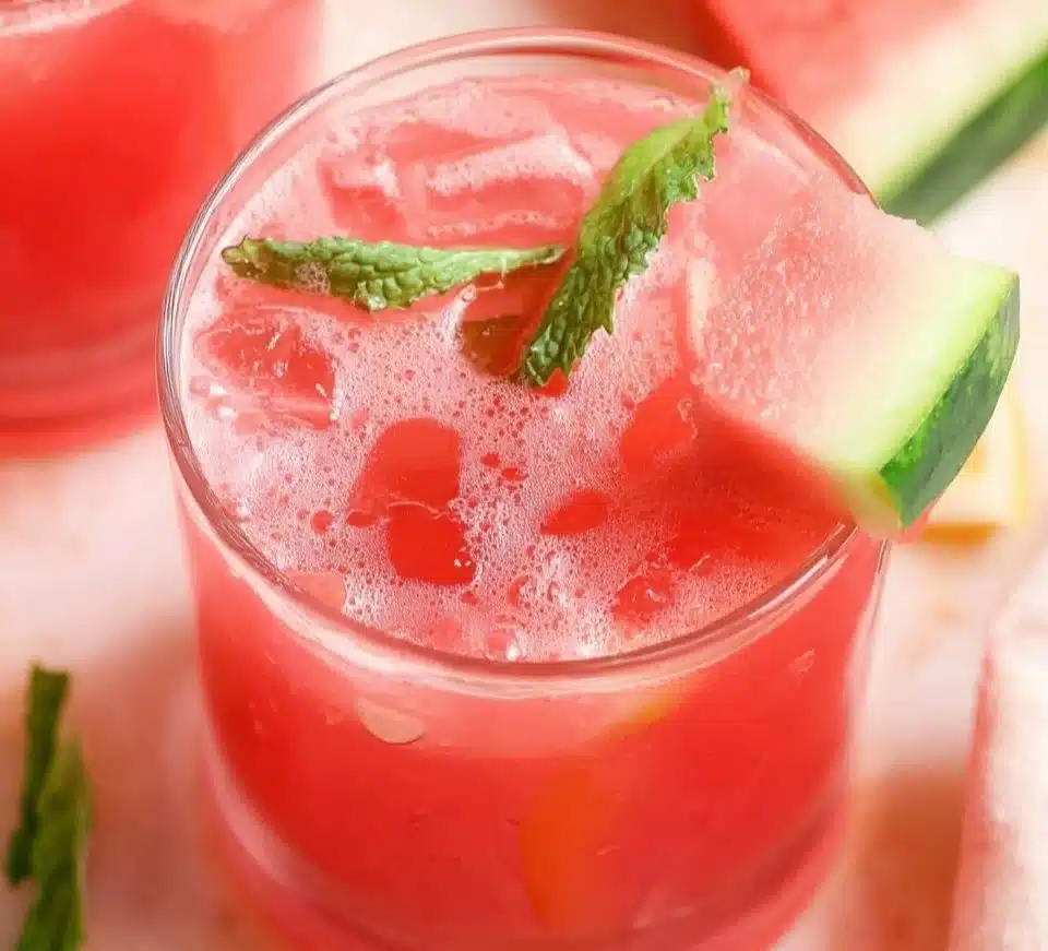 Refreshing glass of watermelon lemonade with lemon slices and mint