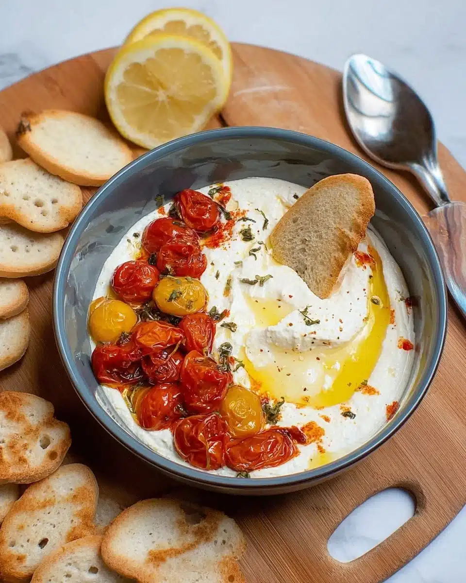 Whipped feta dip topped with roasted tomatoes, served in a bowl.