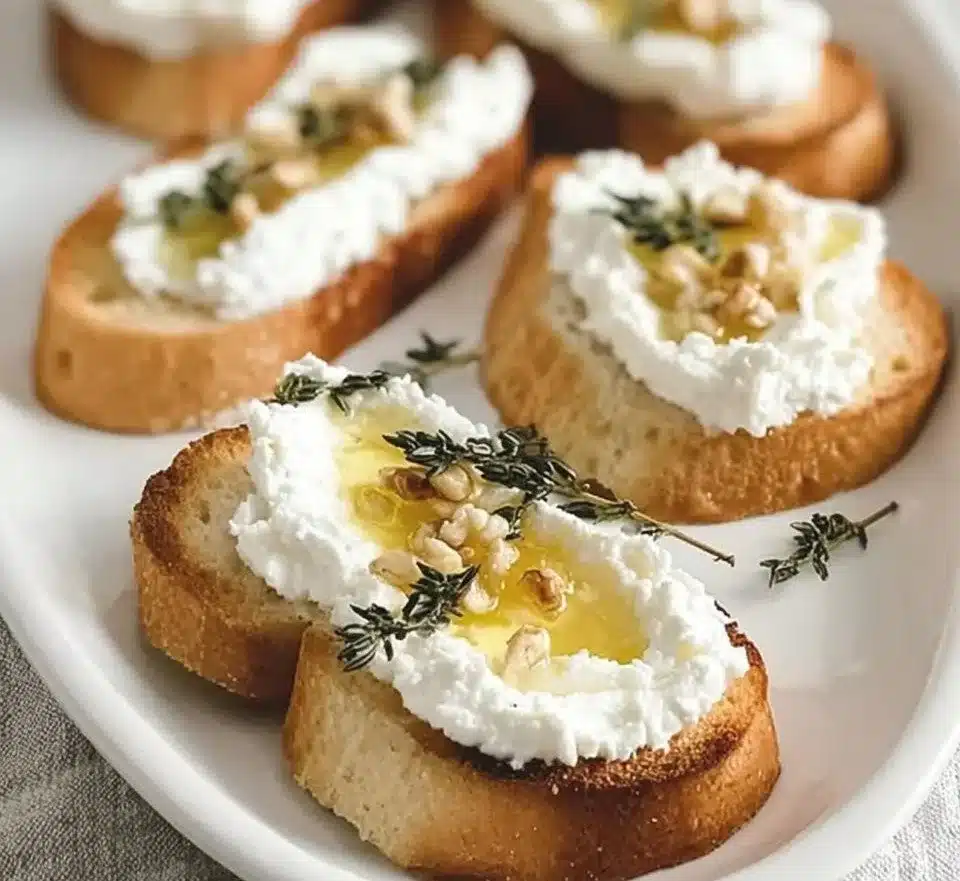 Whipped ricotta crostini topped with honey, styled as an elegant appetizer.