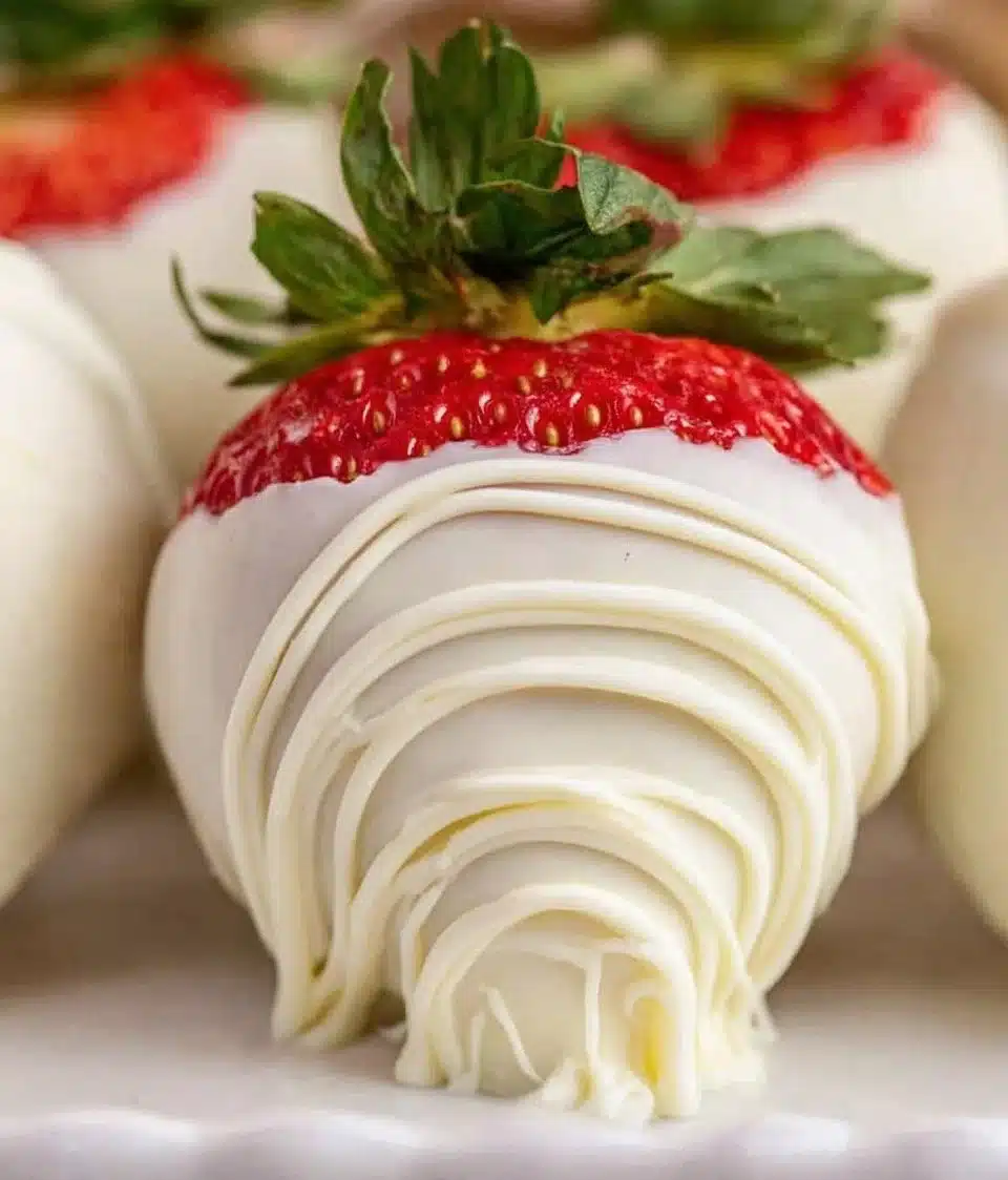Delicious white chocolate covered strawberries on a plate.