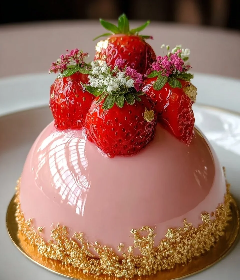 Elegant white chocolate strawberry mousse domes on a decorative plate