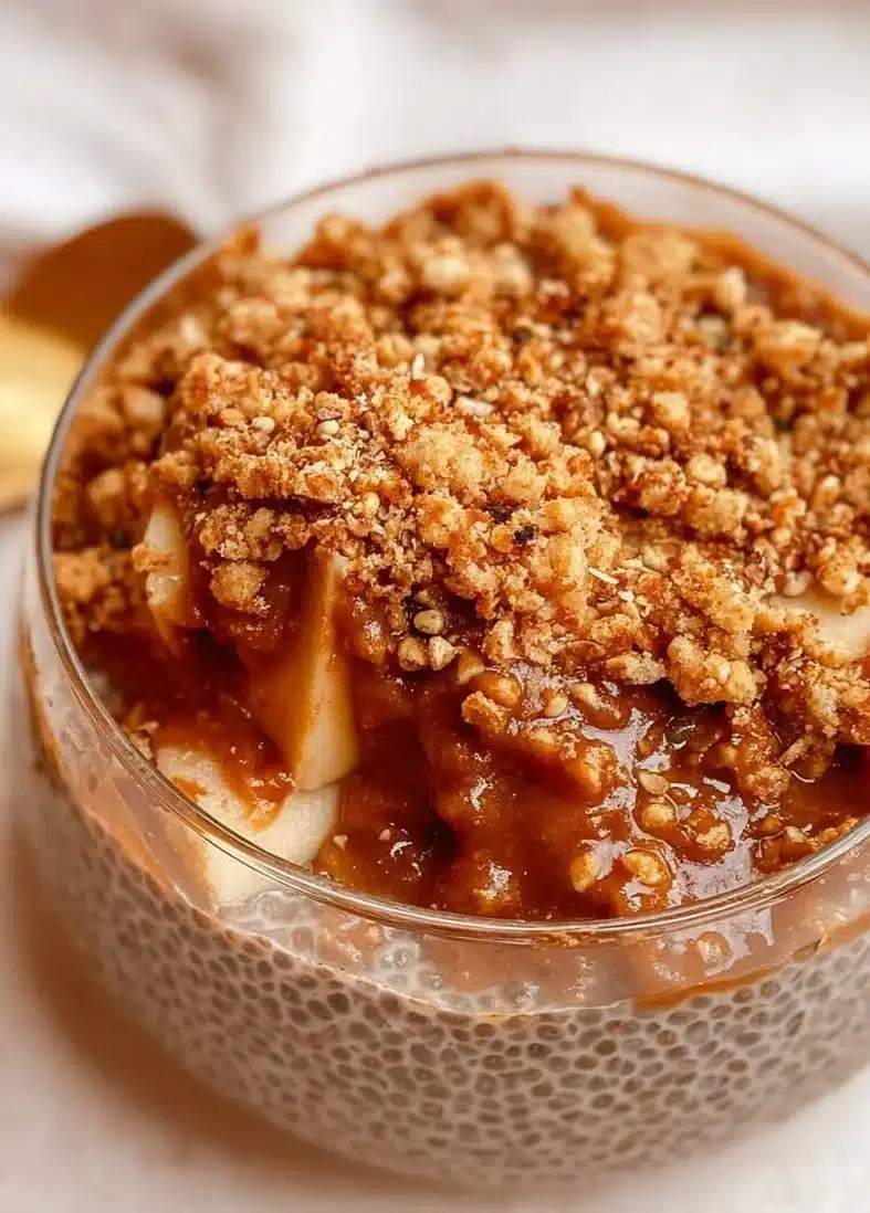Delicious Apple Crumble Chia Pudding with apple slices and crumble topping