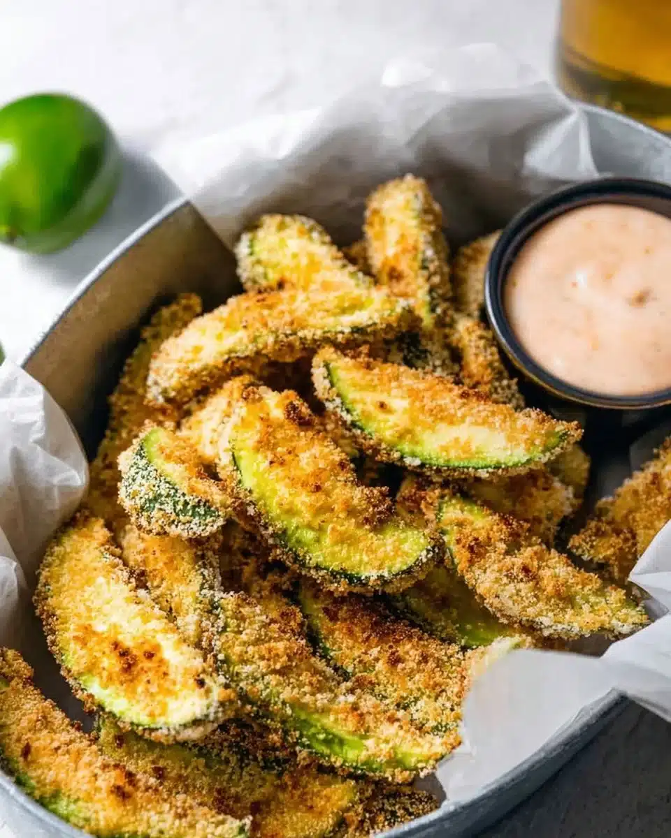 A plate of crispy avocado fries ready to be served with dipping sauce.