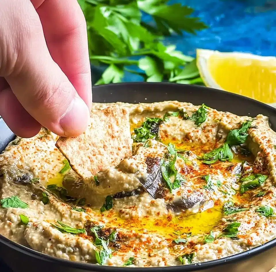 A bowl of Baba Ganoush topped with olive oil and parsley, served with pita bread.