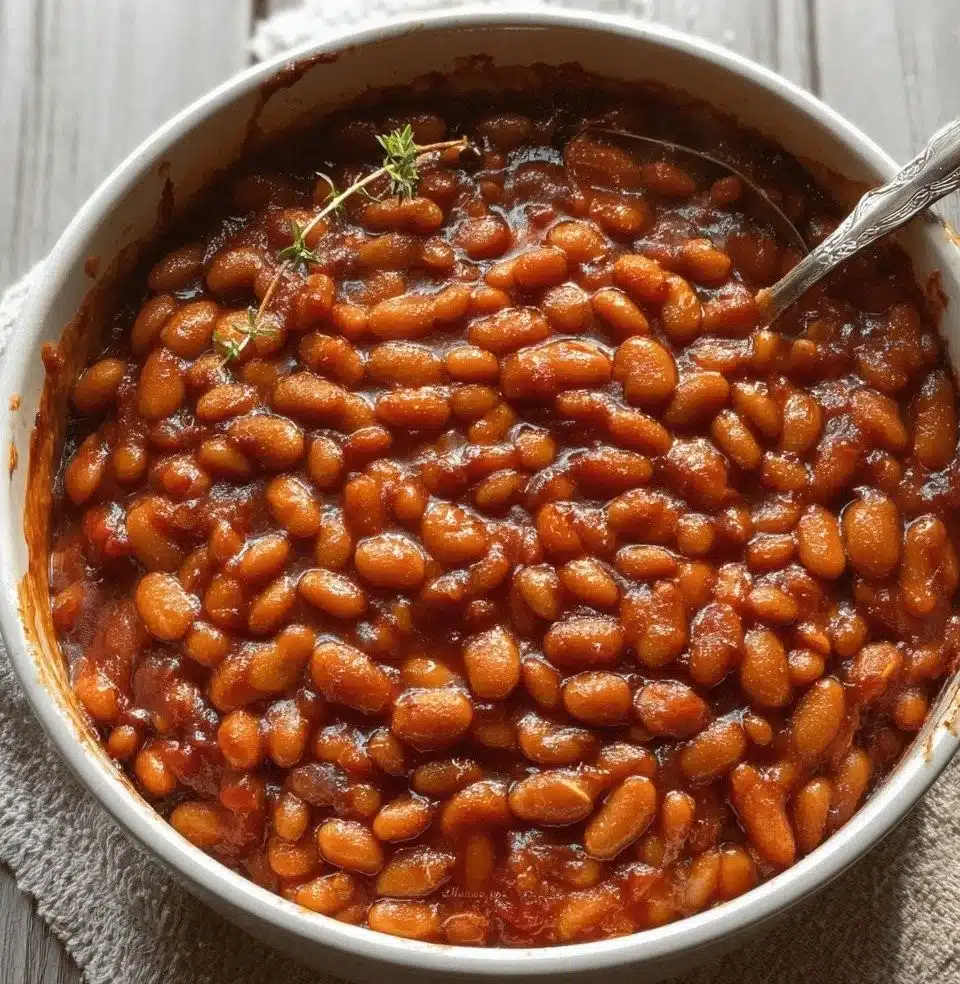 A delicious bowl of homemade baked beans served with fresh herbs.
