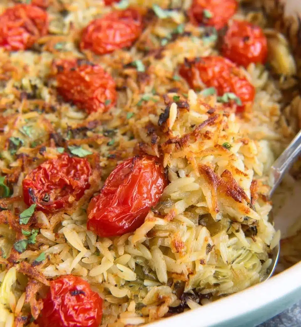 Baked orzo with artichokes and tomatoes in a ceramic dish