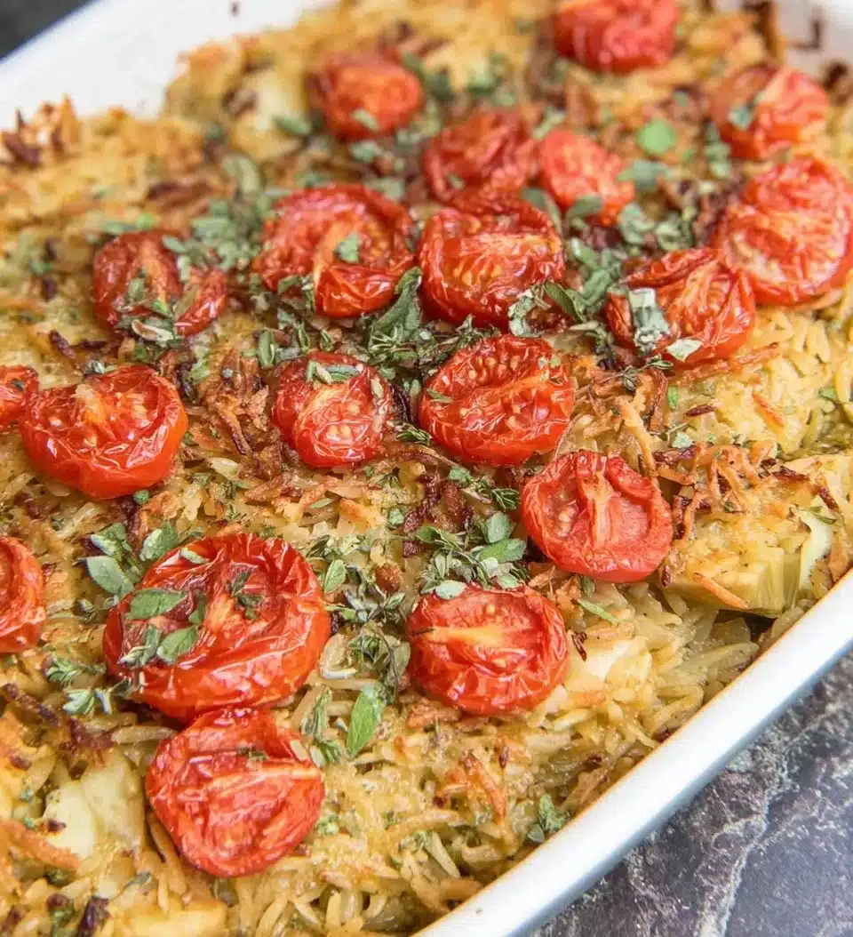 Baked Orzo with Artichokes, Tomatoes