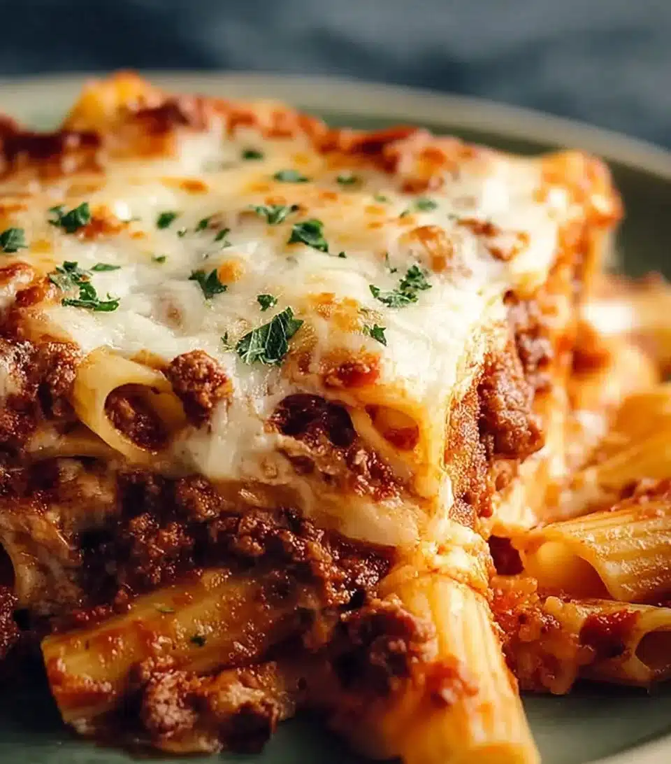 Delicious baked ziti with ground beef, melted cheese, and marinara sauce.