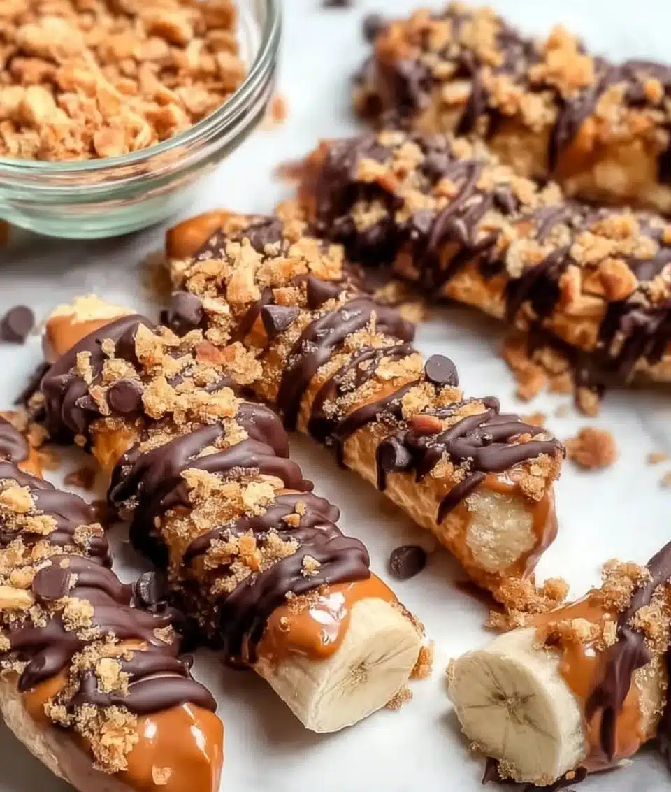 Delicious homemade Banana Snickers dessert with chocolate and peanuts