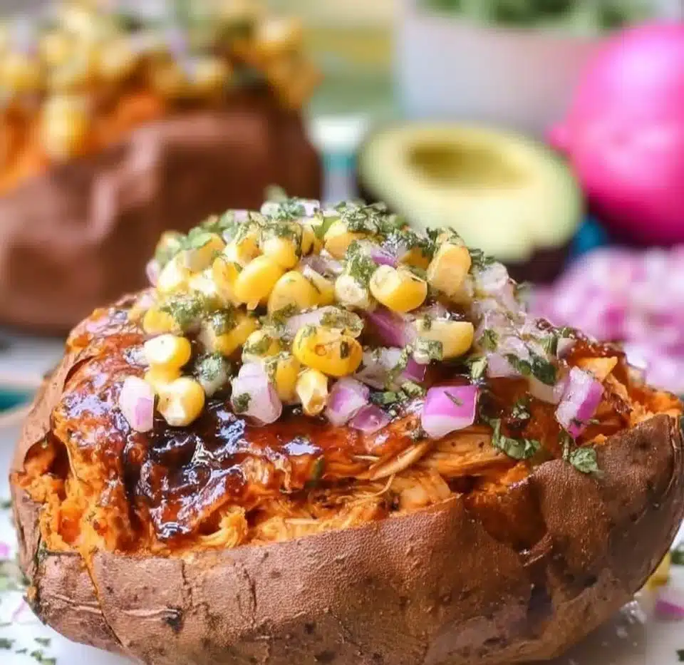 BBQ chicken stuffed inside roasted sweet potatoes garnished with herbs.