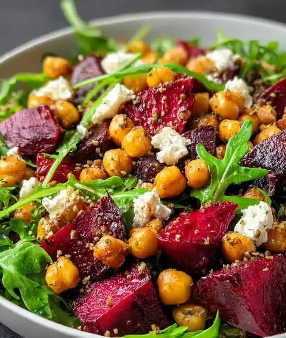 Fresh Beet Arugula Chickpea Salad served in a bowl with vibrant colors