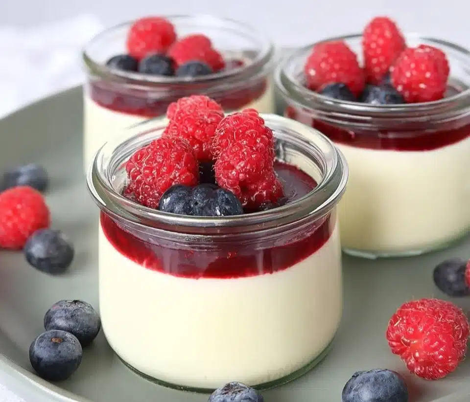 Delicious Berry Panna Cotta dessert topped with fresh mixed berries