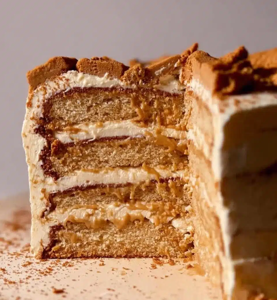 Delicious Biscoff Cookie Butter Cake topped with rich frosting.