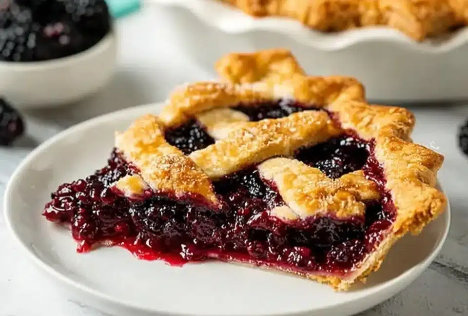 Delicious homemade blackberry pie with juicy blackberries and flaky crust