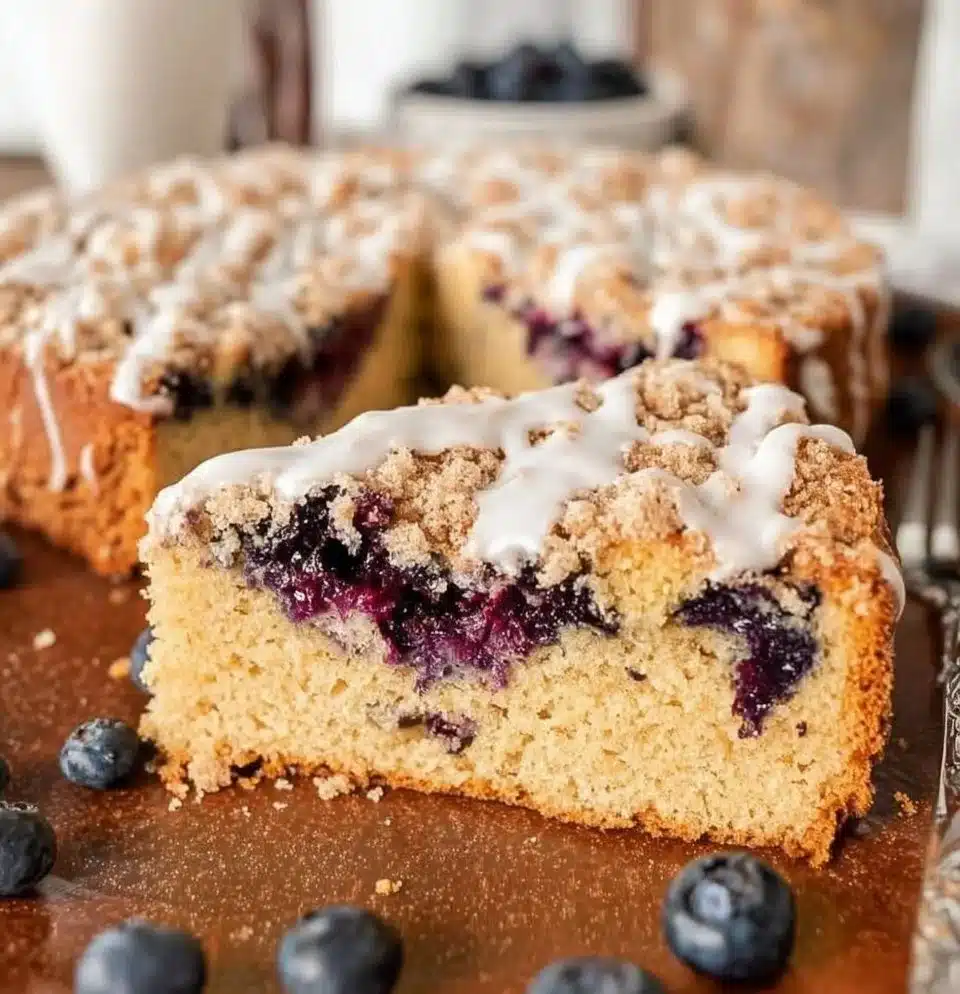 Blueberry Sour Cream Coffee Cake with fresh blueberries and a crumbly topping.