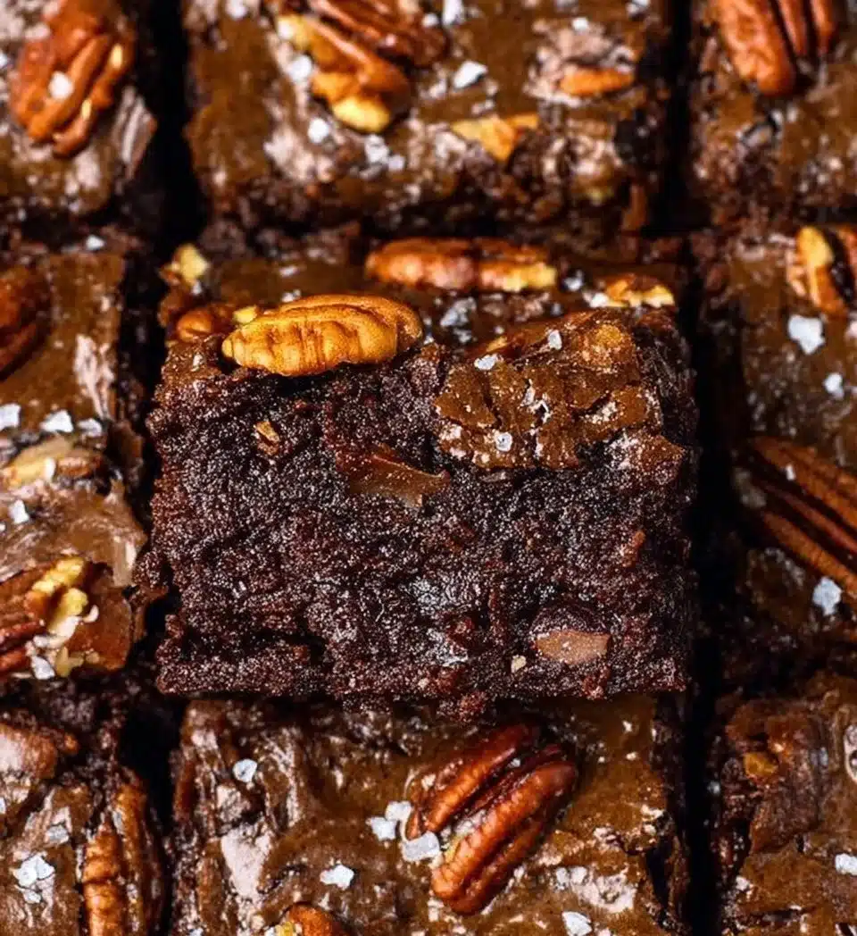 Delicious Bourbon Pecan Brownies topped with nuts and drizzled with chocolate.