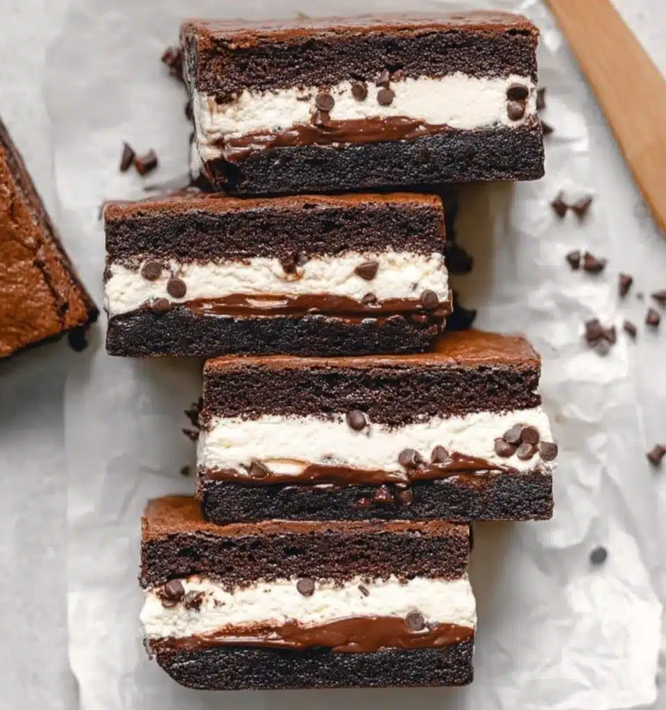 Delicious homemade Brownie Ice Cream Sandwiches with chocolate and vanilla flavors