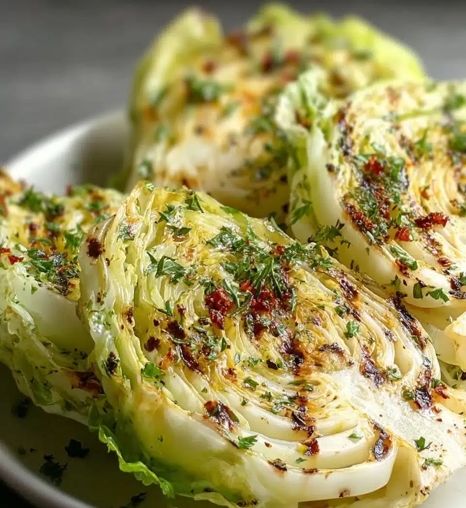Roasted cabbage steaks topped with herbs and spices on a serving platter