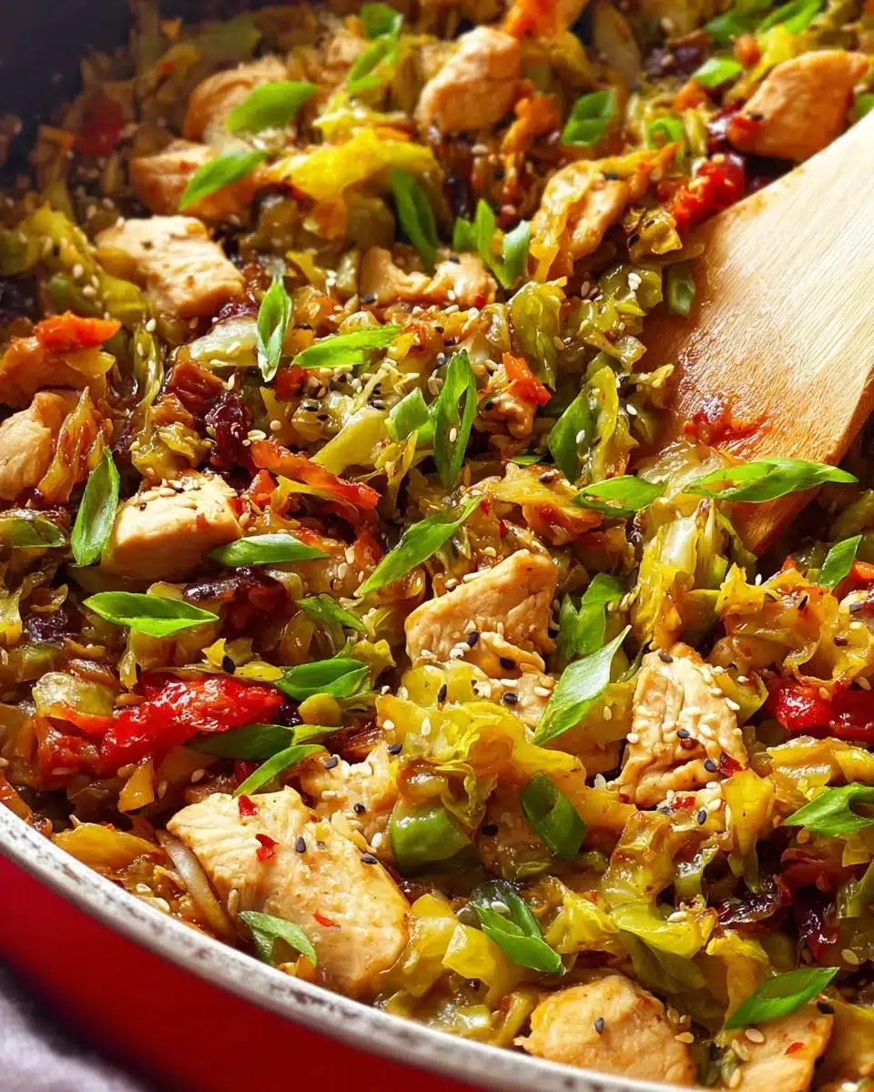 Colorful cabbage stir fry with vegetables in a pan