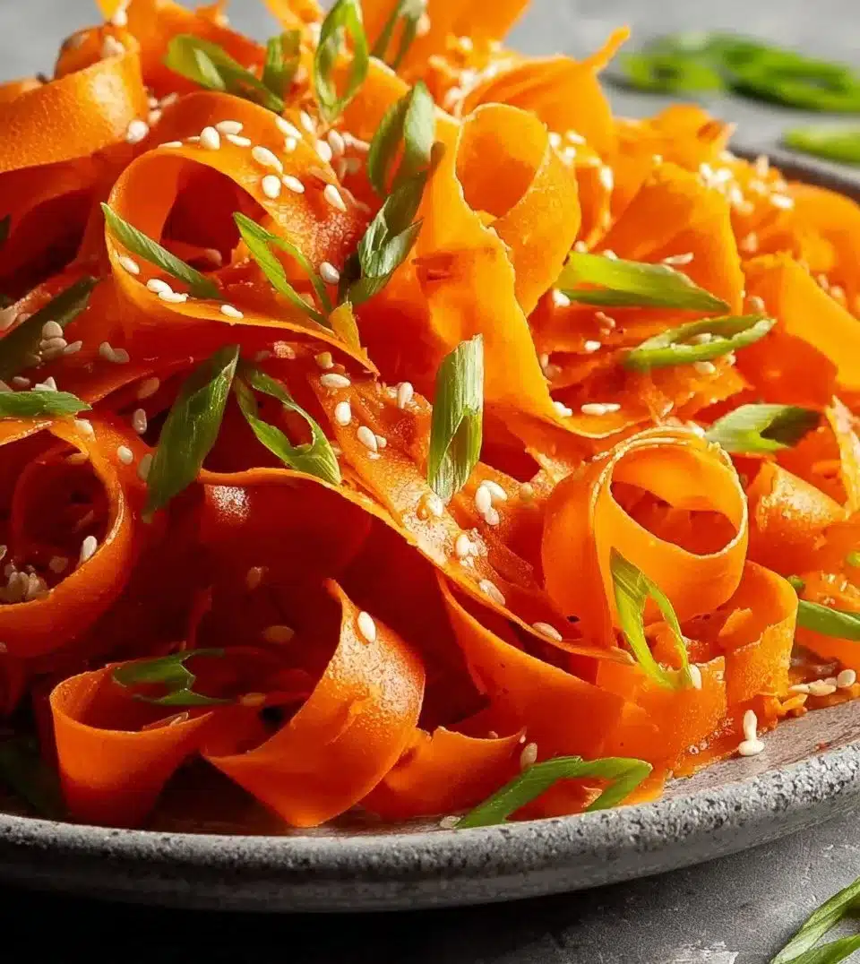 Colorful Carrot Ribbon Salad served in a bowl with herbs and dressing