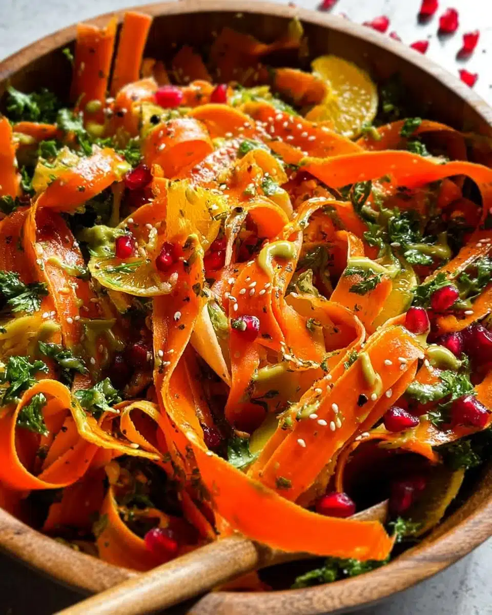 A vibrant carrot salad with fresh ingredients and a light dressing.