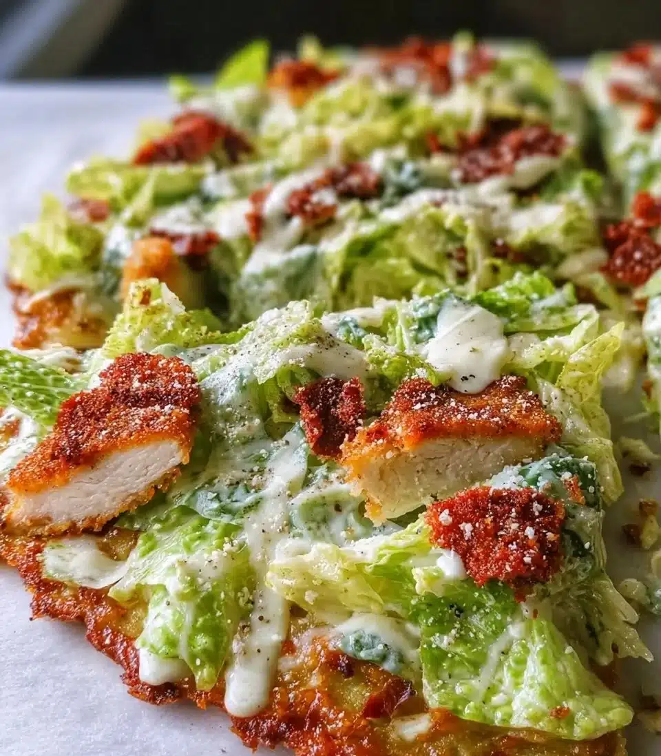 A delicious Chicken Caesar Salad Pizza topped with greens and grilled chicken.