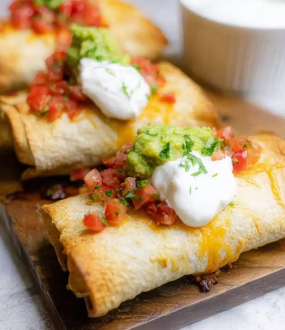Crispy Chicken Chimichangas filled with flavorful chicken and cheese