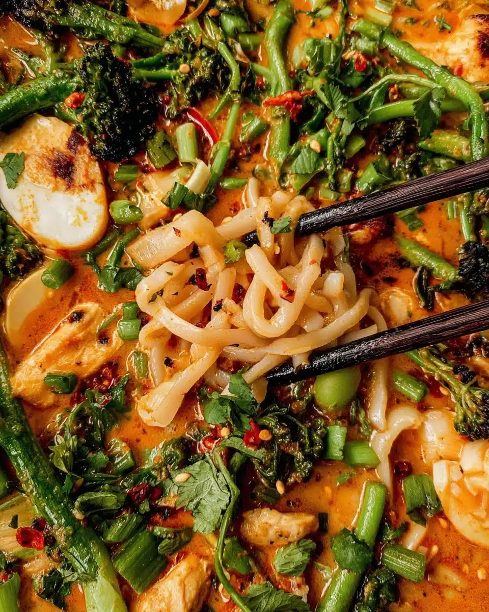 Bowl of Chicken Curry Noodles topped with herbs and spices