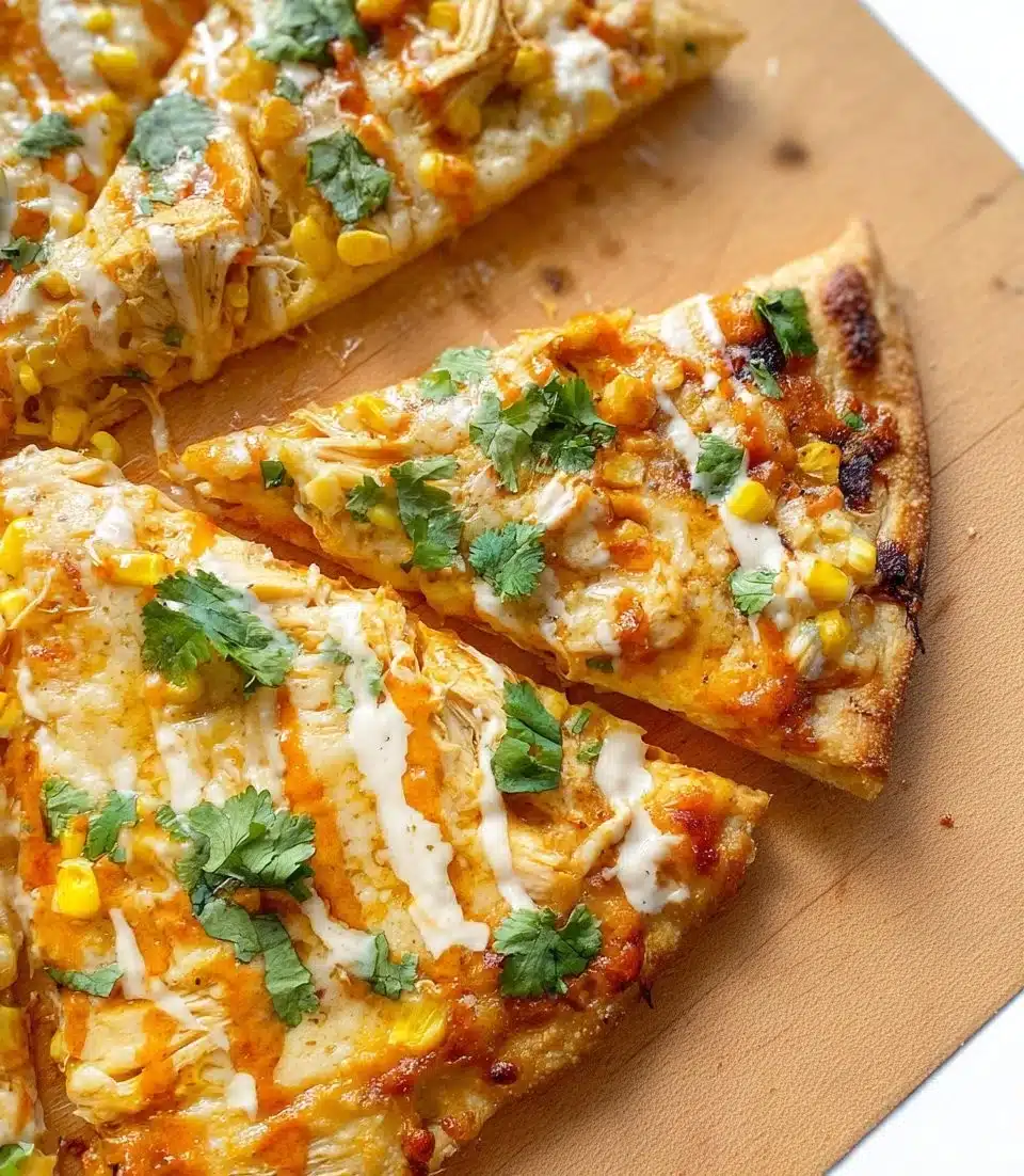 Delicious Chicken Enchilada Pizza topped with spicy chicken and cheese