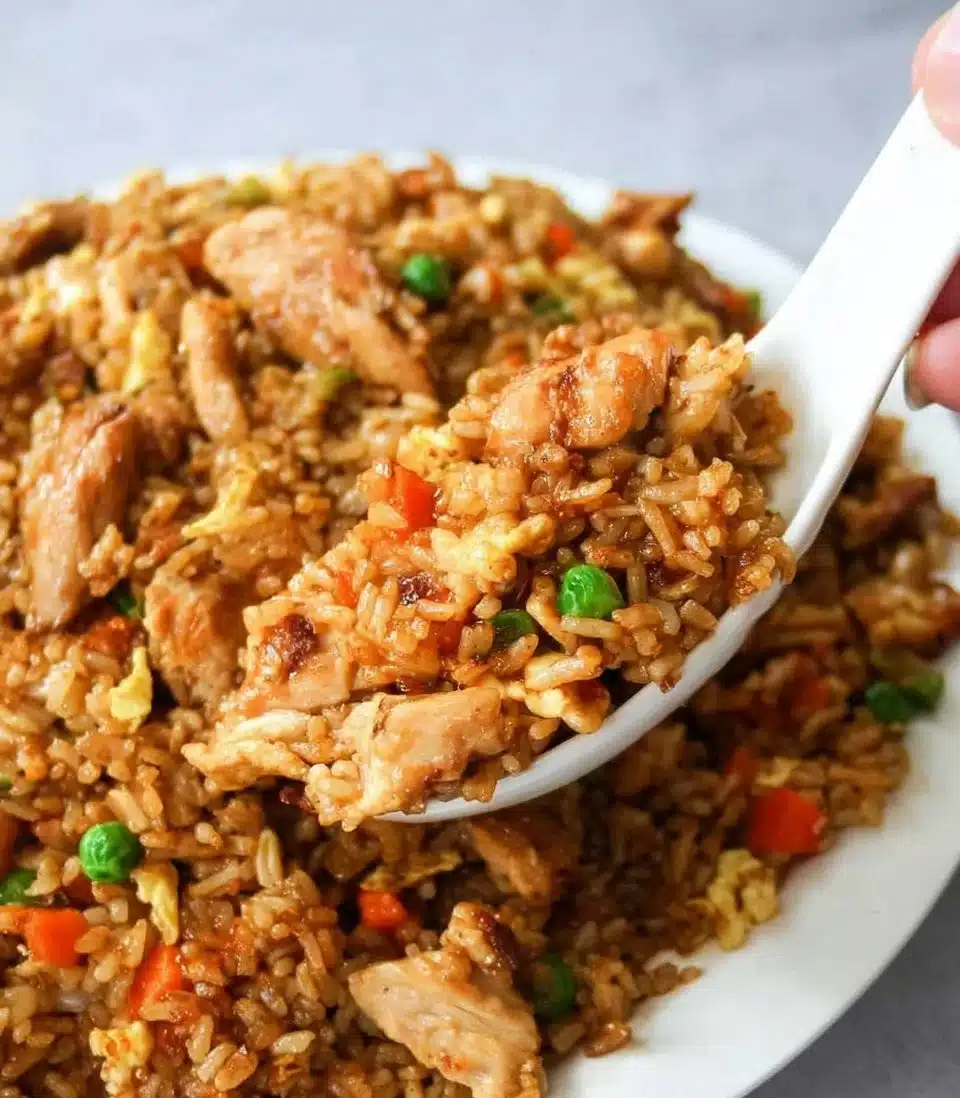 Delicious plate of homemade chicken fried rice with vegetables and chicken
