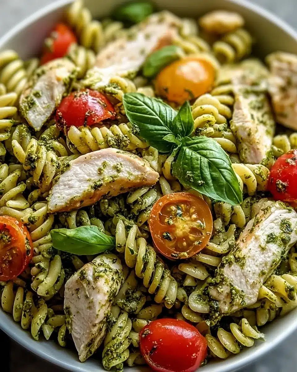 Chicken Pesto Pasta Salad with fresh ingredients and vibrant colors