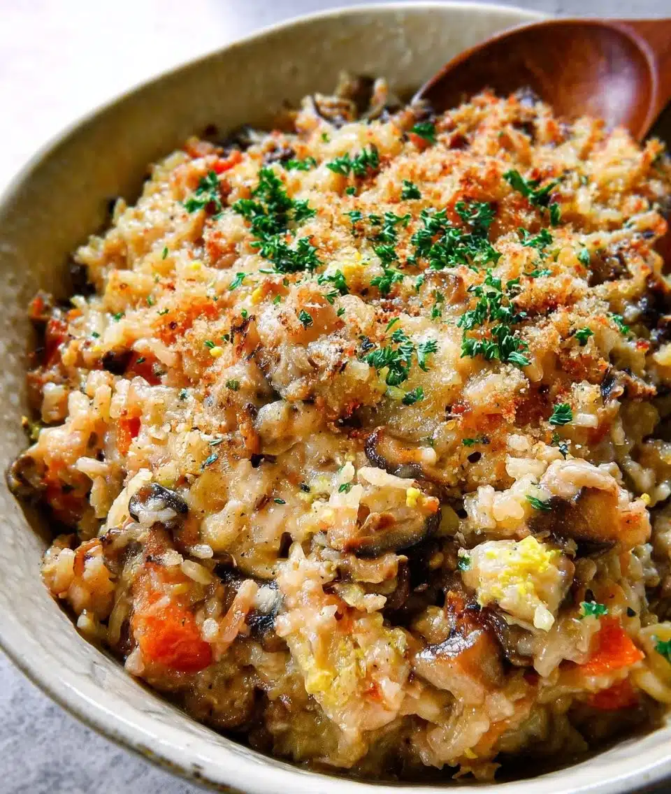 Chicken Rice Casserole topped with herbs and spices in a baking dish.