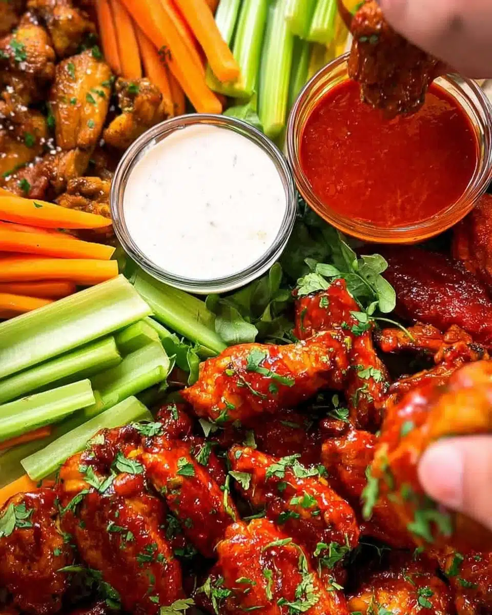 Plate of crispy chicken wings with dipping sauces for a tasty appetizer.