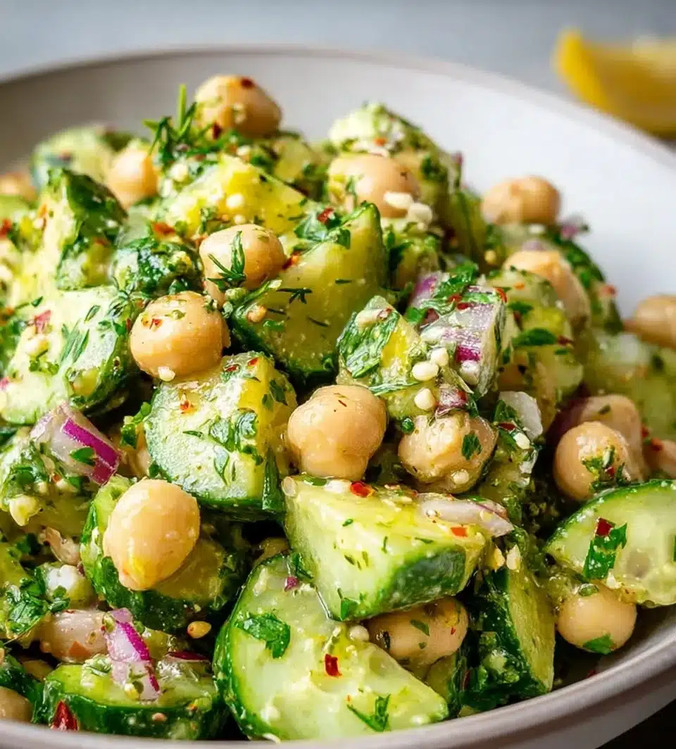 Delicious chickpea avocado cucumber salad in a bowl with fresh ingredients