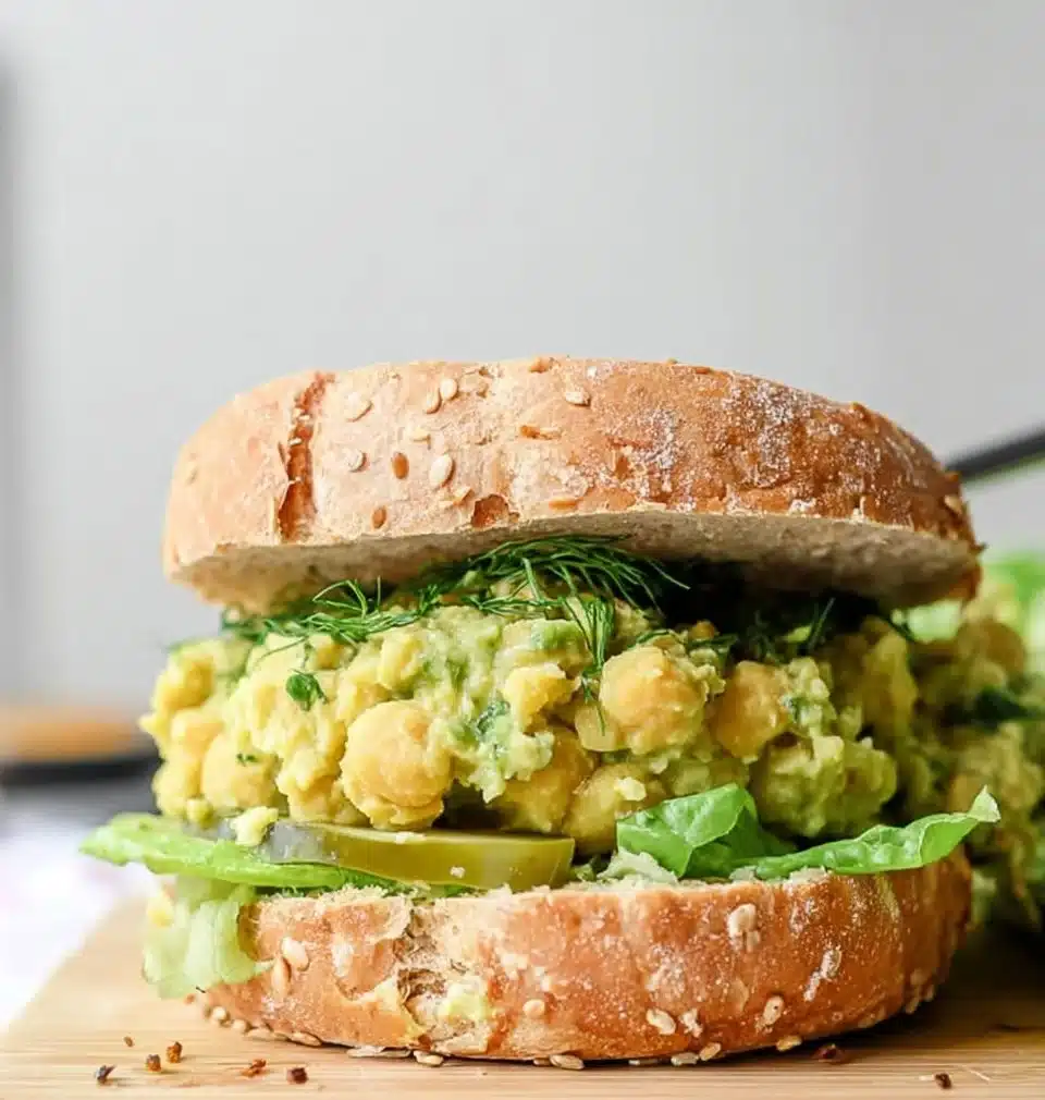 Chickpea avocado sandwich with dill pickles on whole grain bread