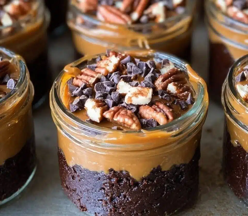 Delicious chocolate brownies with caramel and pecan topping