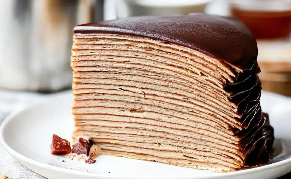 Delicious chocolate crepe cake with rich layers of chocolate cream.