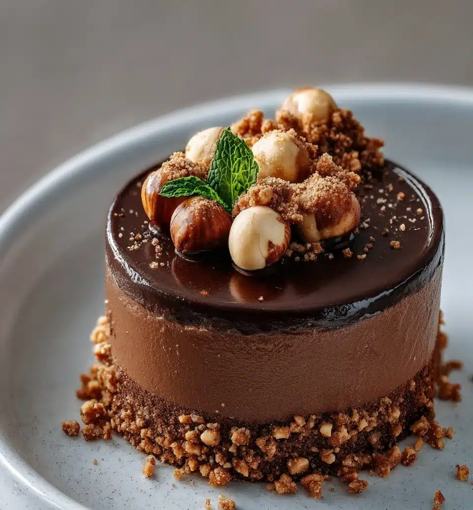 Decadent Chocolate Hazelnut Mousse in a serving bowl topped with hazelnuts
