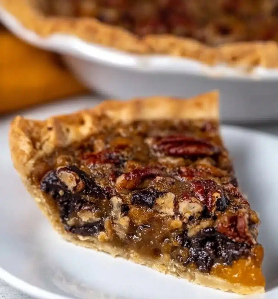 Delicious homemade Chocolate Pecan Pie with chocolate drizzle and pecans on top