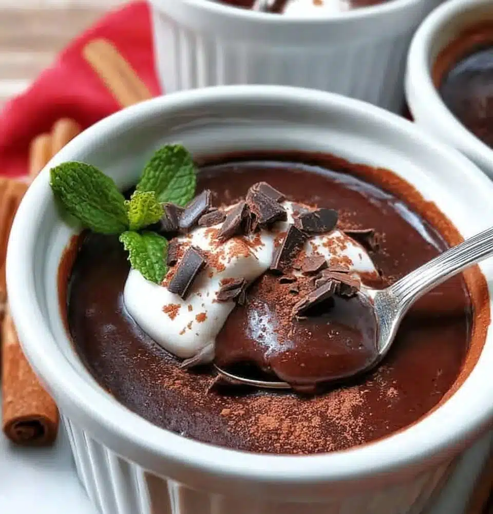 Delicious and creamy Chocolate Pots de Creme dessert in elegant serving cups.
