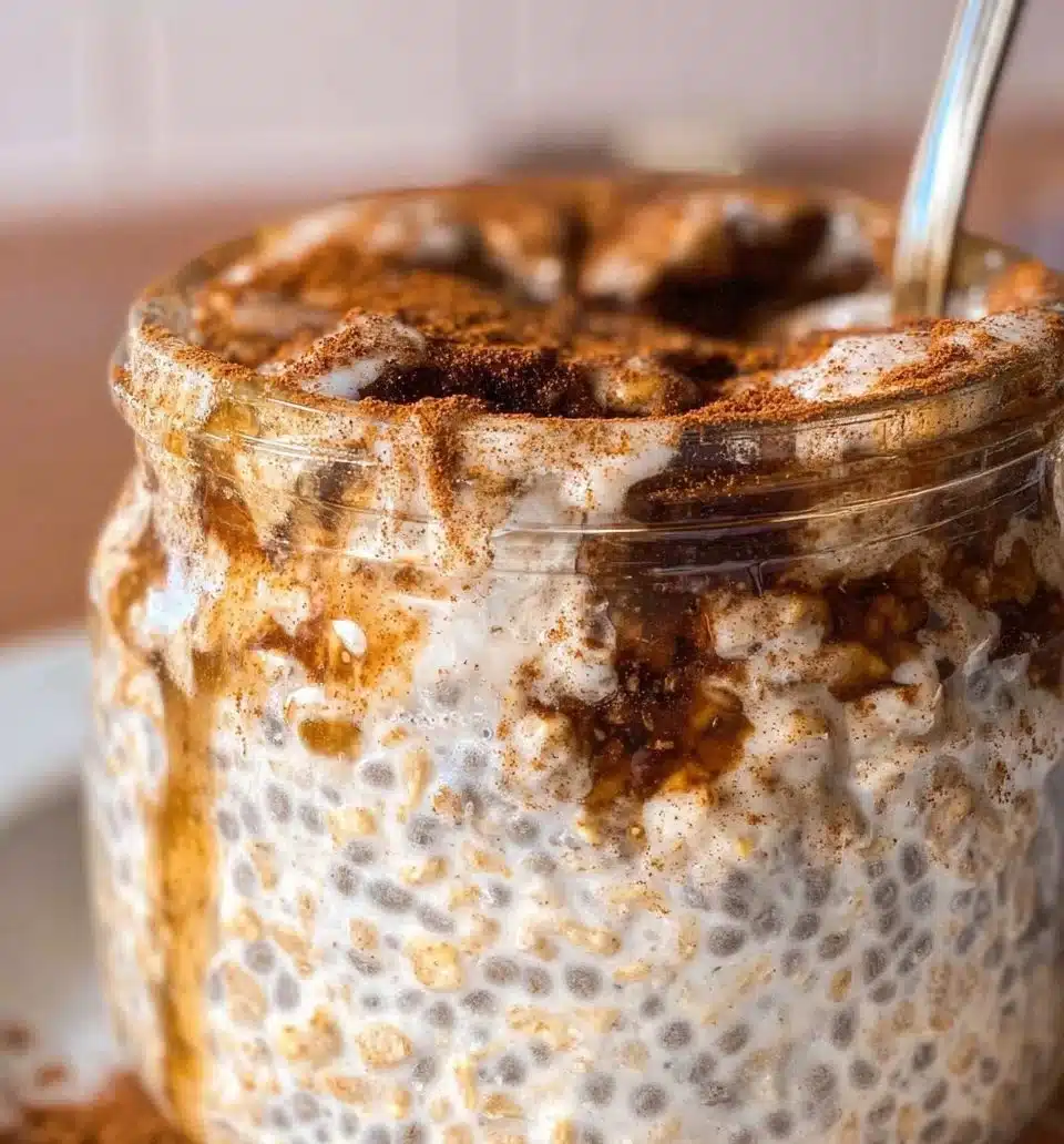 Bowl of cinnamon roll overnight oats topped with cinnamon and sugar