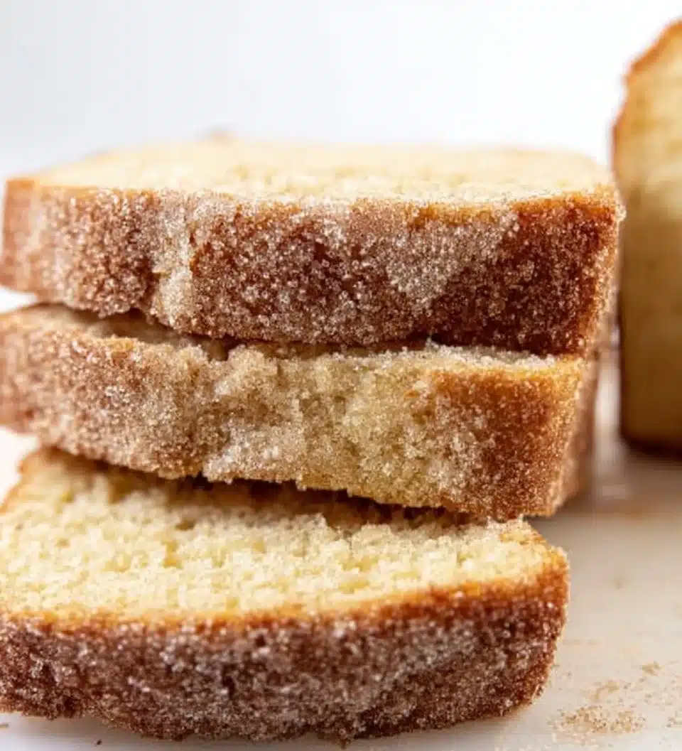 Slice of cinnamon sugar donut bread on a white plate
