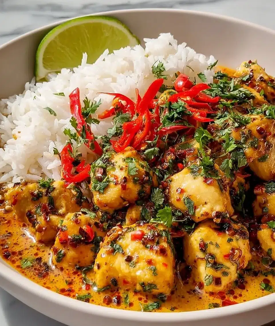 Delicious Coconut Chicken Rice Bowl with tender chicken, coconut, and rice