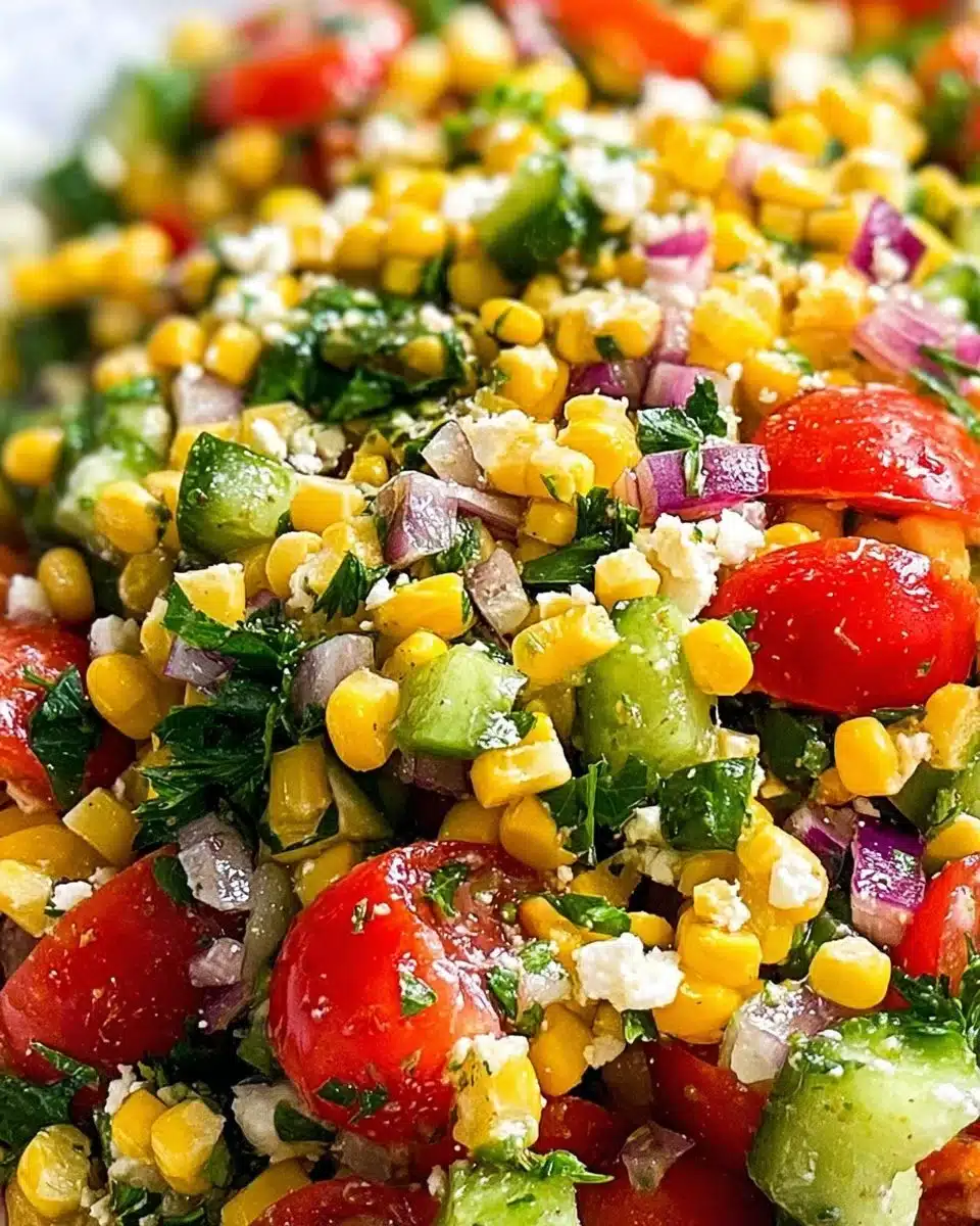 Colorful corn salad with tomatoes and avocado served in a bowl.