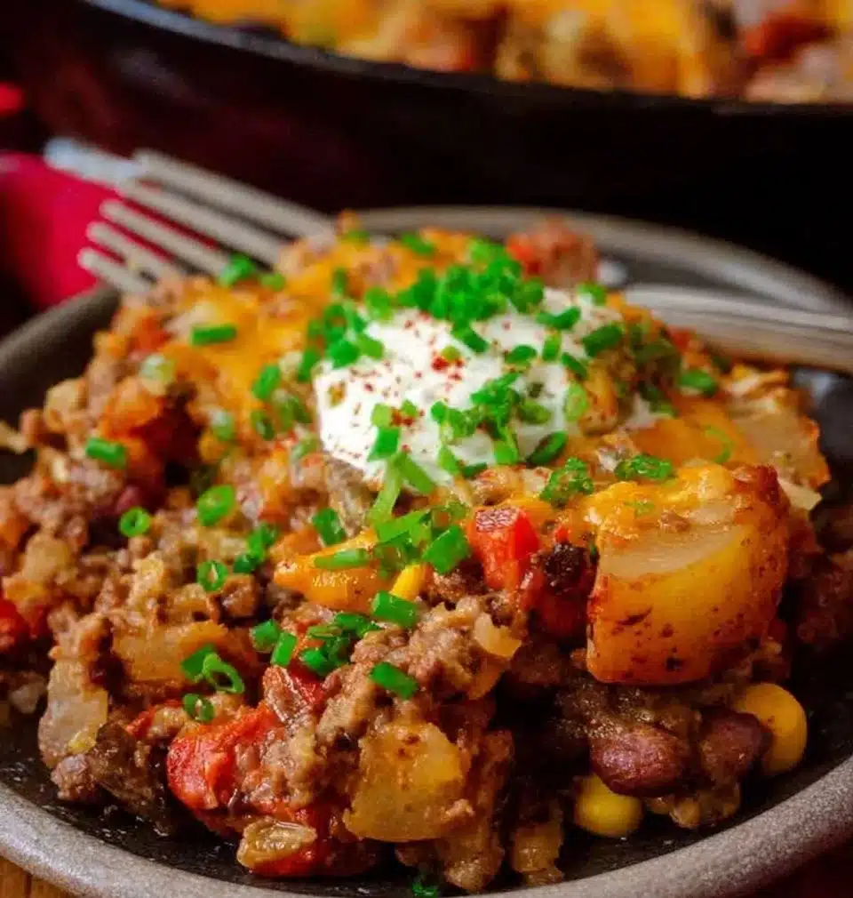 Delicious Cowboy Casserole topped with cheese and herbs in a baking dish.