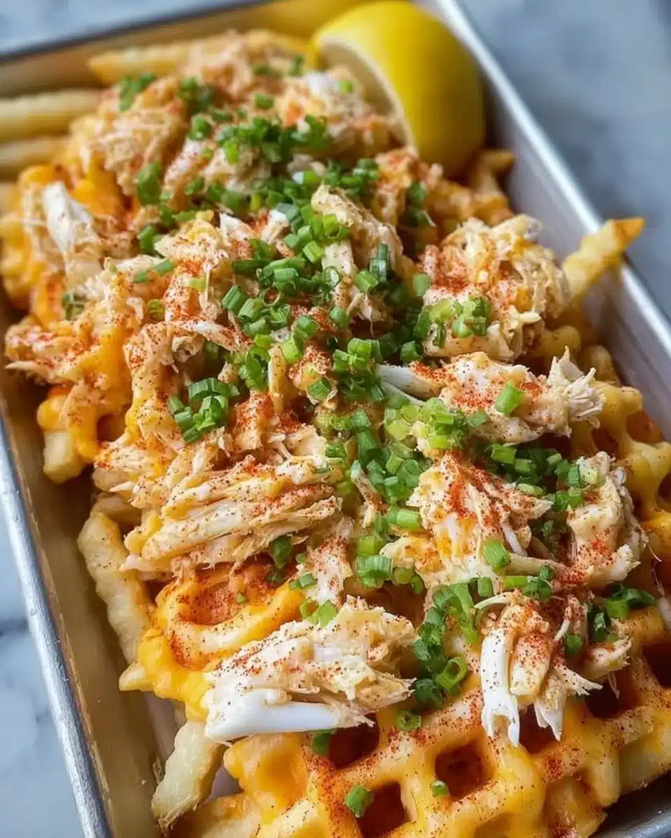 Delicious Crab Fries topped with Cheddar and Mozzarella melted cheese.